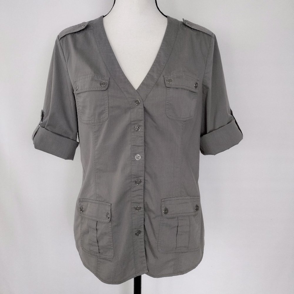 New York & Co Gray Roll Tab Sleeve Casual Button Down Utility Shirt